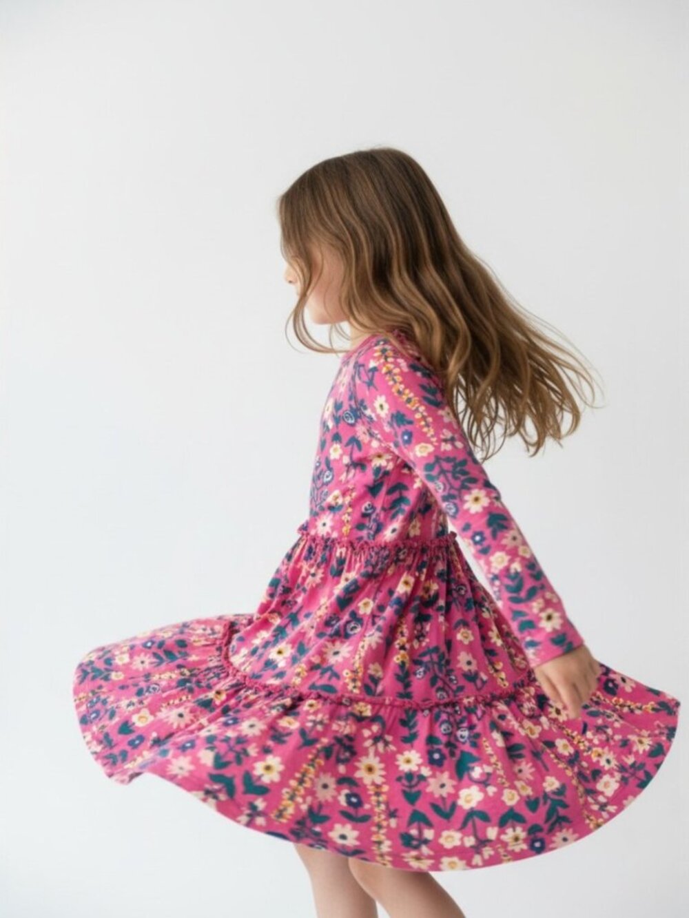 Hanna Andersson Pink Floral Tiered Dress Girls 6-7 Long Sleeve